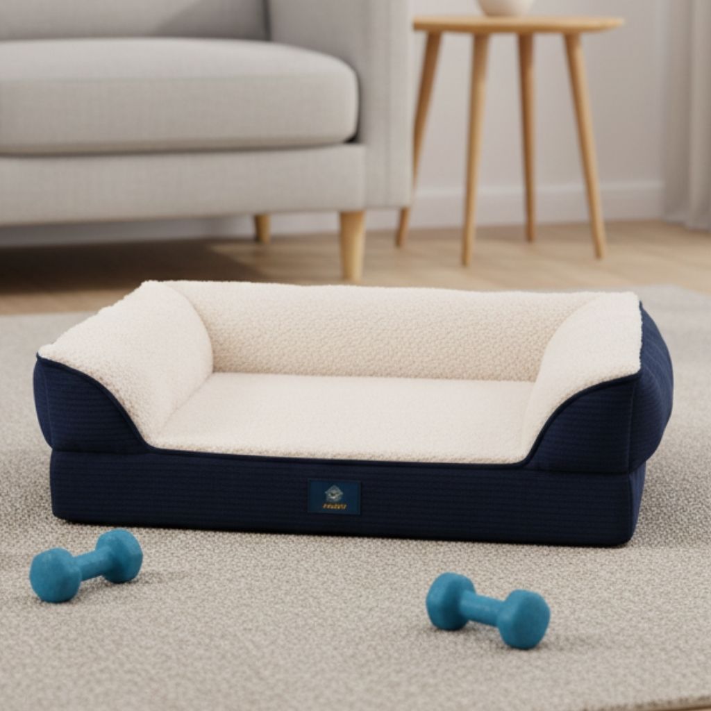 Small dog bed with plush fleece surface and compact bolstered design for cats