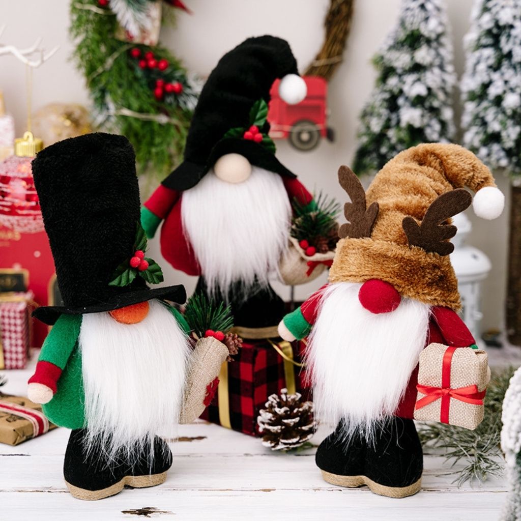 Holiday gnome with long white beard and festive hat for mantel arrangement
