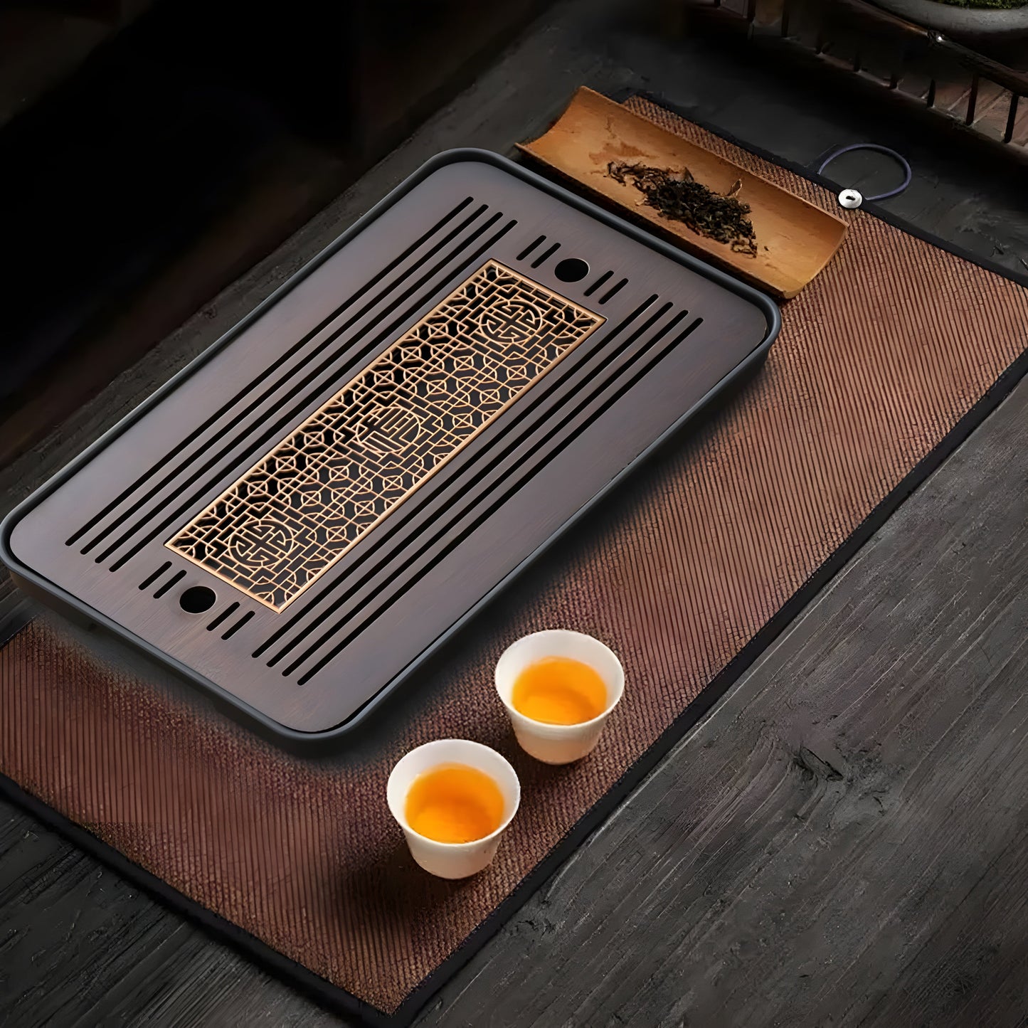 Natural Bamboo Tea Tray with Built-in Water Drain