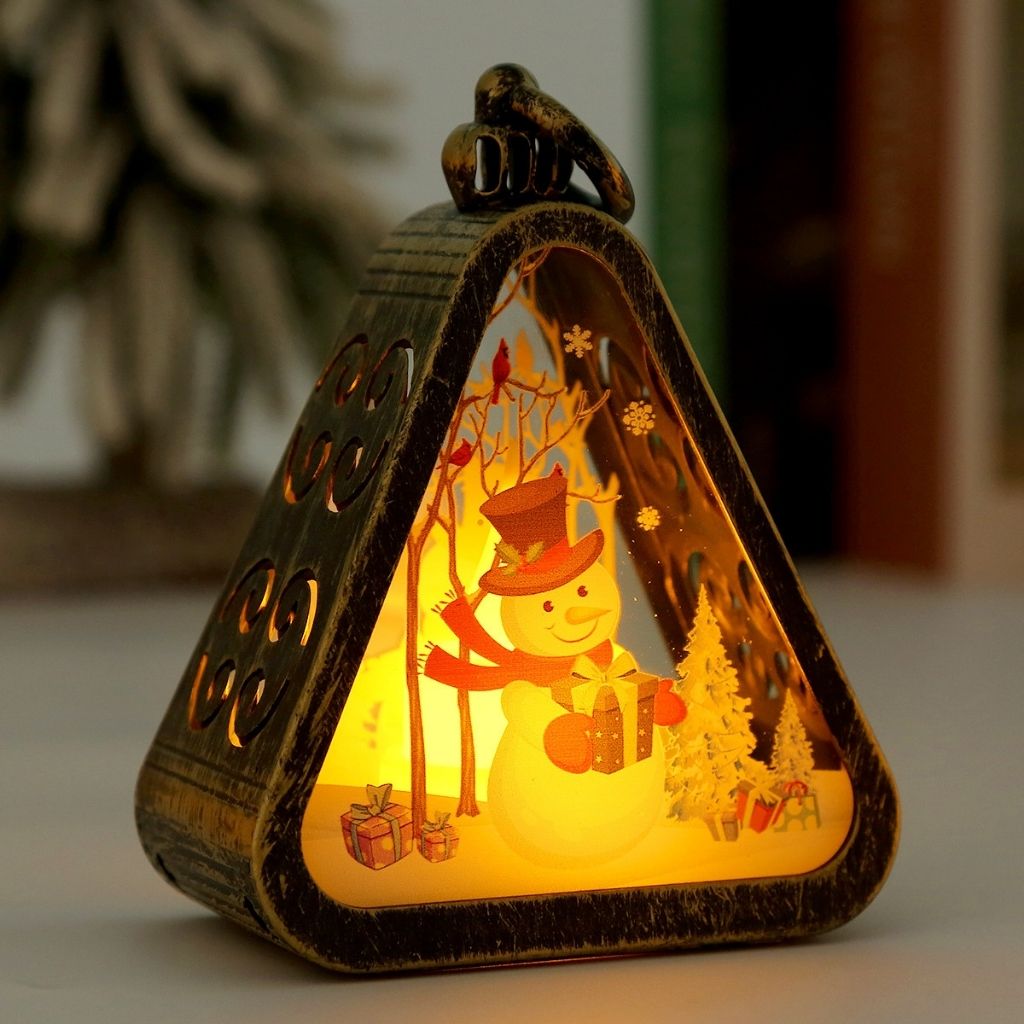 Metal triangle lantern featuring glass panels and dark finish