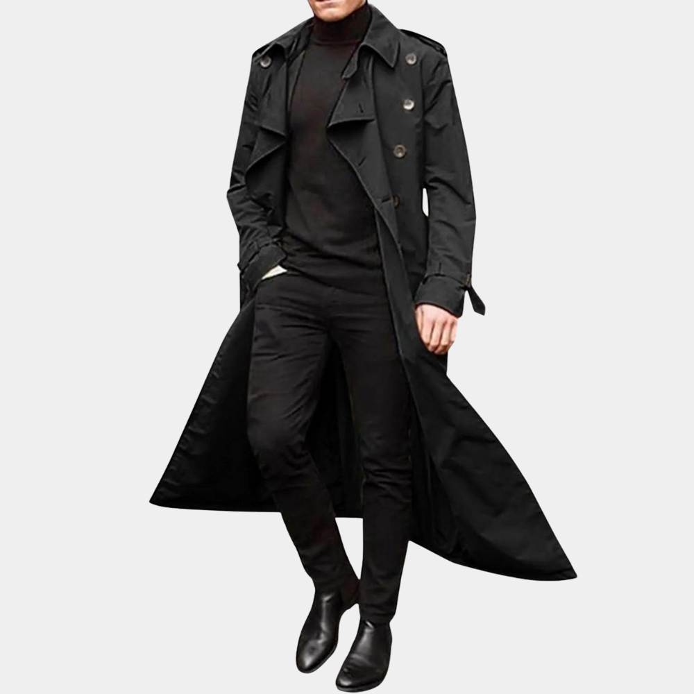 Men's Classic Long Trench Coat with Belt and Double-Breasted Closure 6