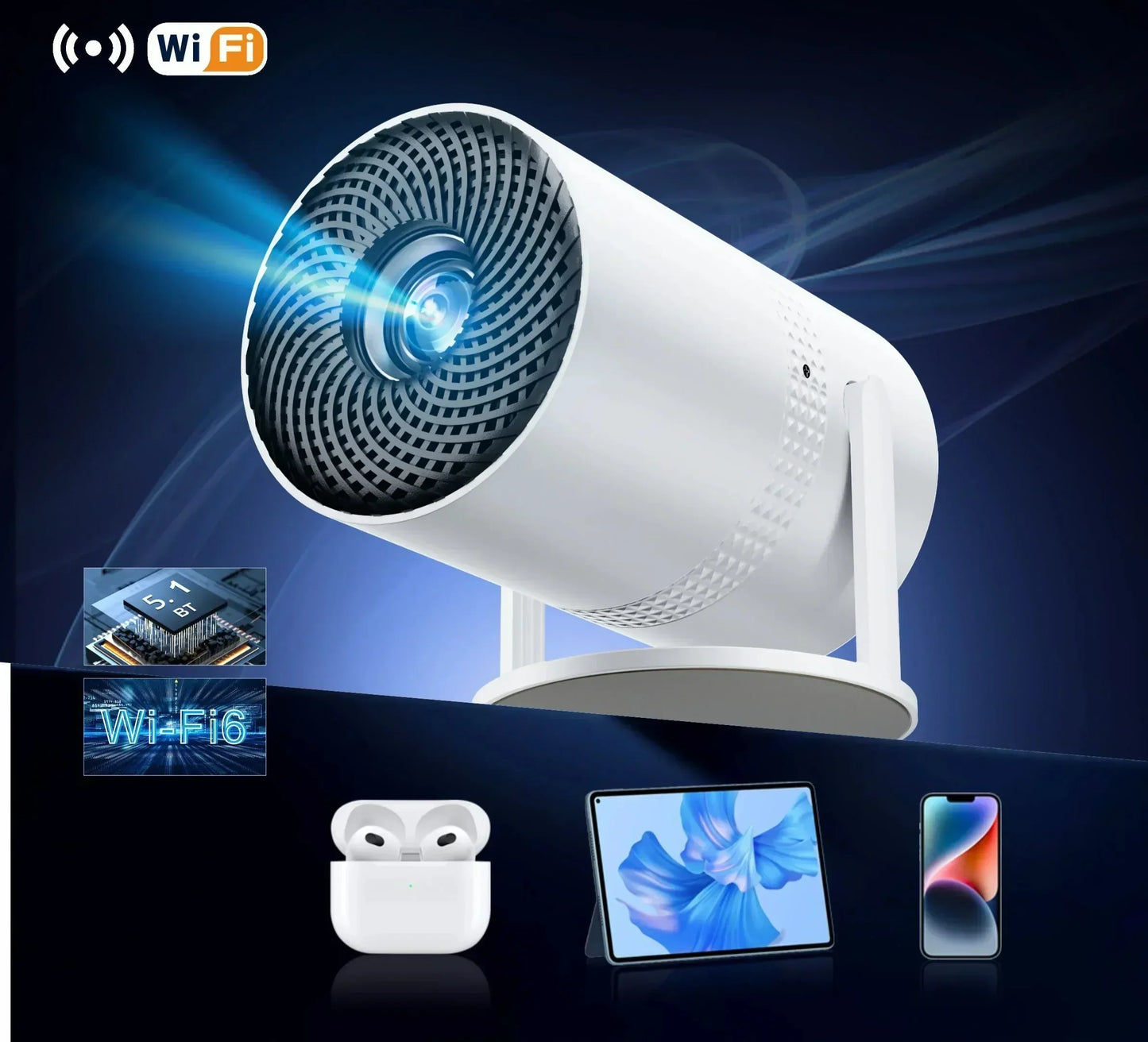 Compact 720p HD Portable Home Projector with Wi-Fi and Bluetooth