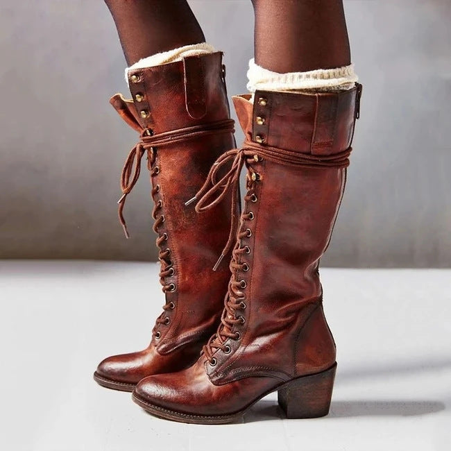 Trendy Black Knee High Boots for Women – Stylish PU Leather Long Boots with Chunky Heel & Laces 4