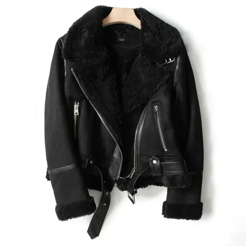 Women's Leather Jacket with Belted Hem and Zipper Closure 1
