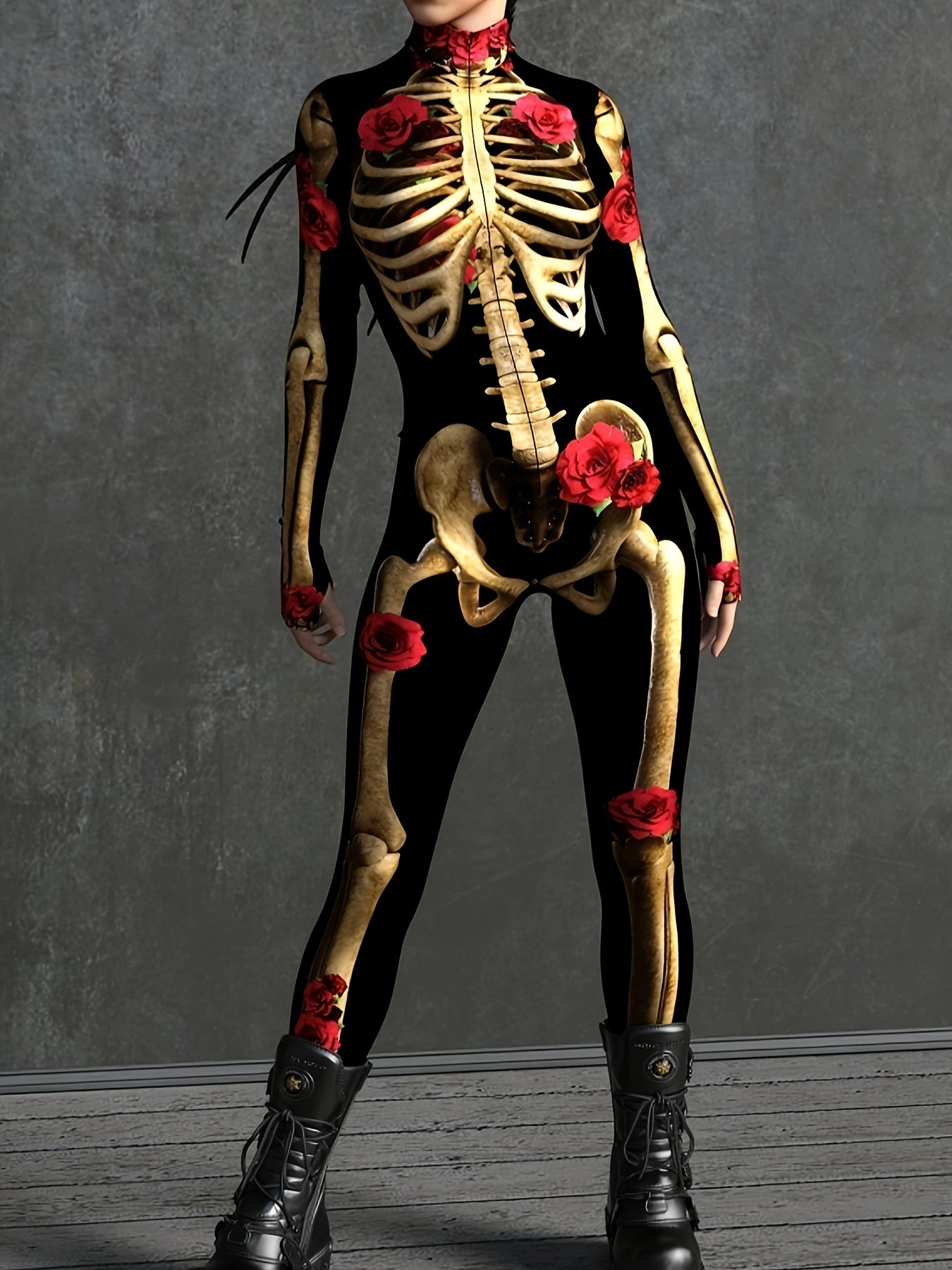Women’s Skeleton Print Halloween Costume Jumpsuit | Long Sleeve Stretch Fit 3