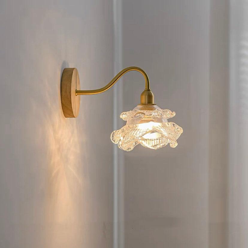 Elegant Glass Floral Wall Light with Wooden Detail