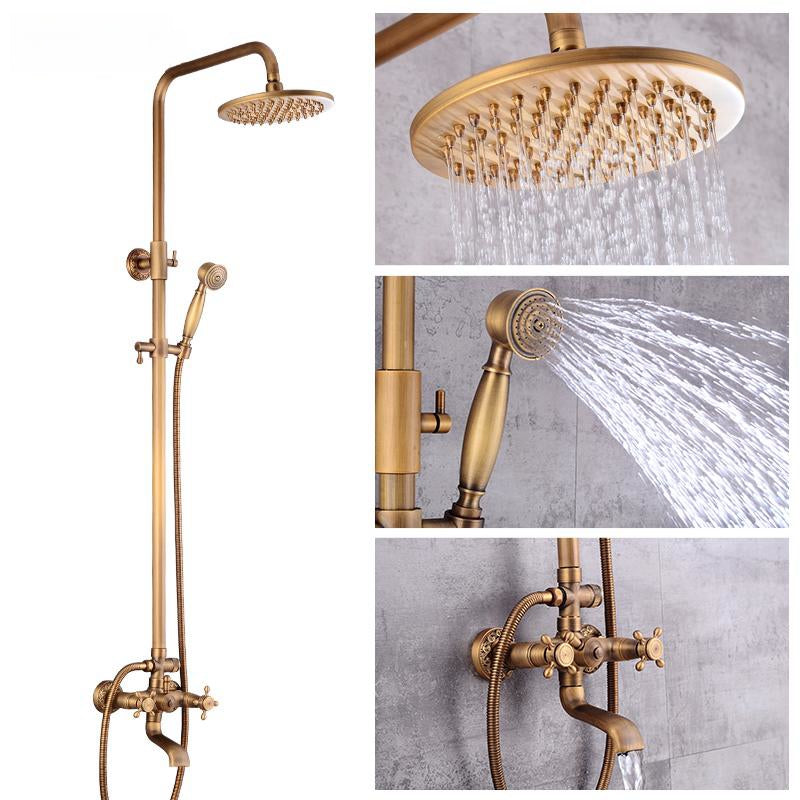 Classic Bronze Shower Set with Gold Faucet and Dual Showerheads