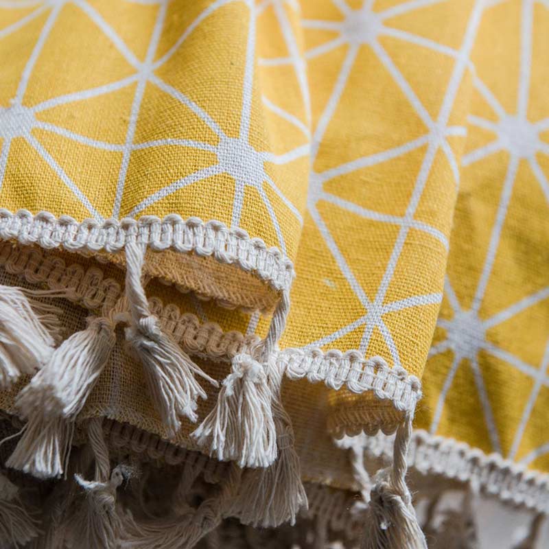 Bright Checked Sheer Drapes with Fringe