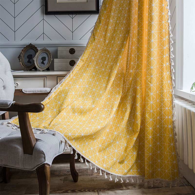 Bright Checked Sheer Drapes with Fringe