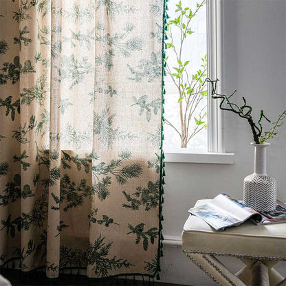 Natural Leaf Print Boho Tassel Curtain Cotton Drapes