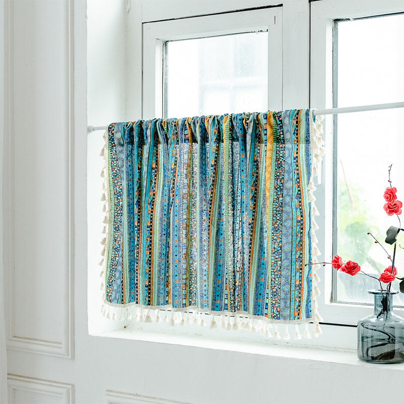 Vibrant Checkered Tassel Layered Curtain in Natural Fabric
