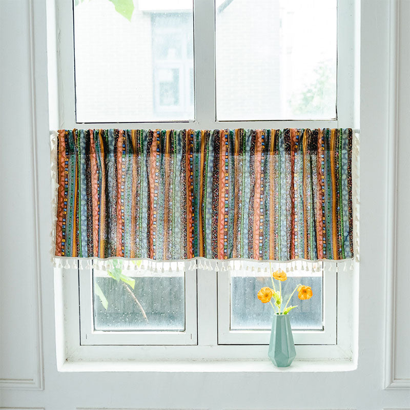 Vibrant Checkered Tassel Layered Curtain in Natural Fabric