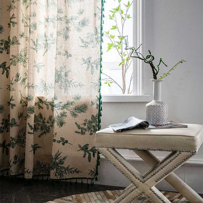 Natural Leaf Print Boho Tassel Curtain Cotton Drapes