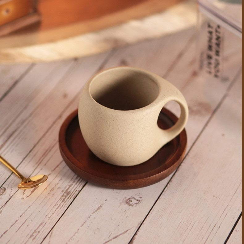 Traditional Asian Style Ceramic Coffee Mug Set With Wood Saucer
