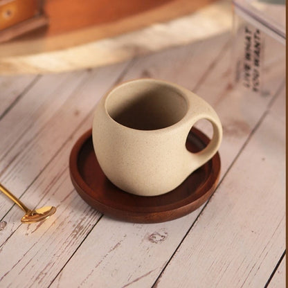 Traditional Asian Style Ceramic Coffee Mug Set With Wood Saucer