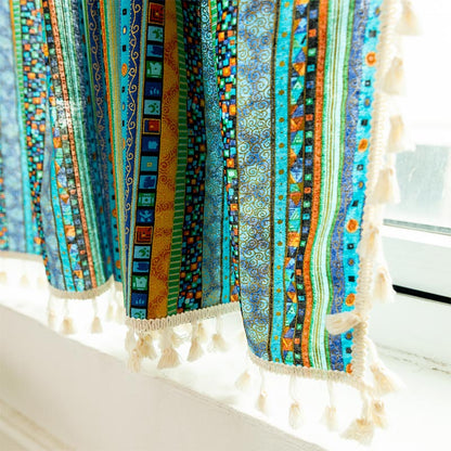 Vibrant Checkered Tassel Layered Curtain in Natural Fabric