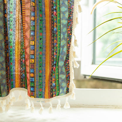 Vibrant Checkered Tassel Layered Curtain in Natural Fabric