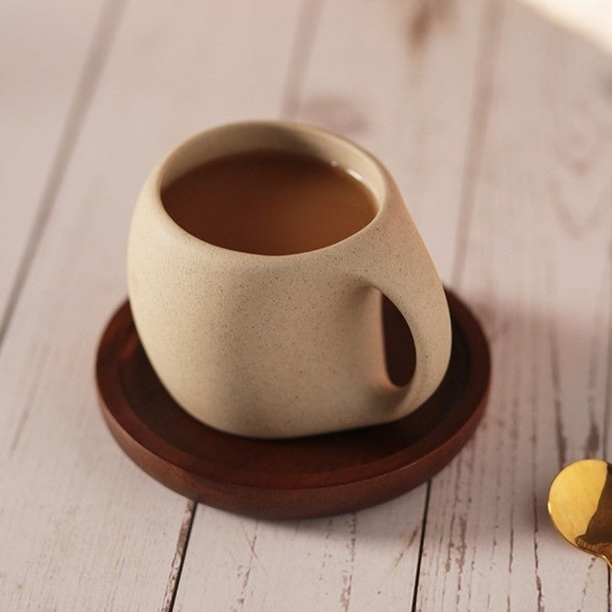 Traditional Asian Style Ceramic Coffee Mug Set With Wood Saucer