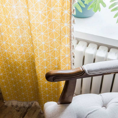 Bright Checked Sheer Drapes with Fringe