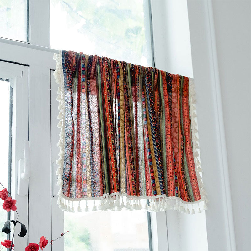 Vibrant Checkered Tassel Layered Curtain in Natural Fabric