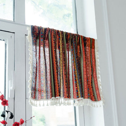 Vibrant Checkered Tassel Layered Curtain in Natural Fabric