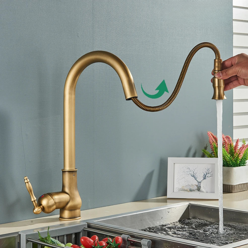 Classic Brass Kitchen Faucet With Adjustable Spout And Dark Finish