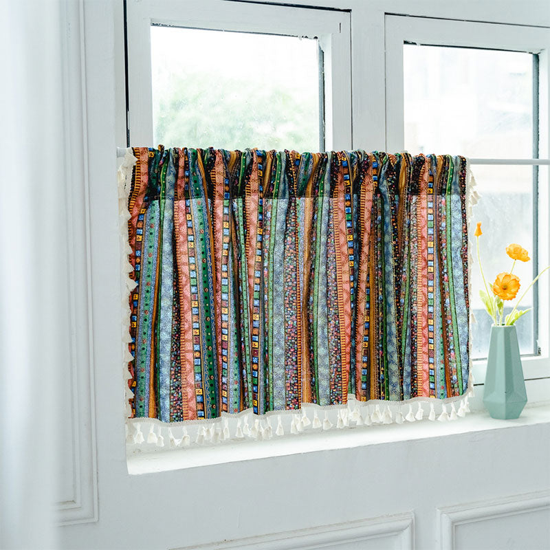 Vibrant Checkered Tassel Layered Curtain in Natural Fabric