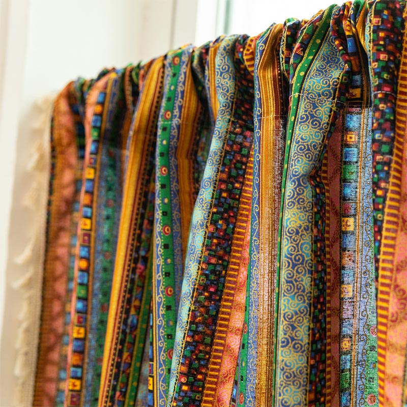 Vibrant Checkered Tassel Layered Curtain in Natural Fabric