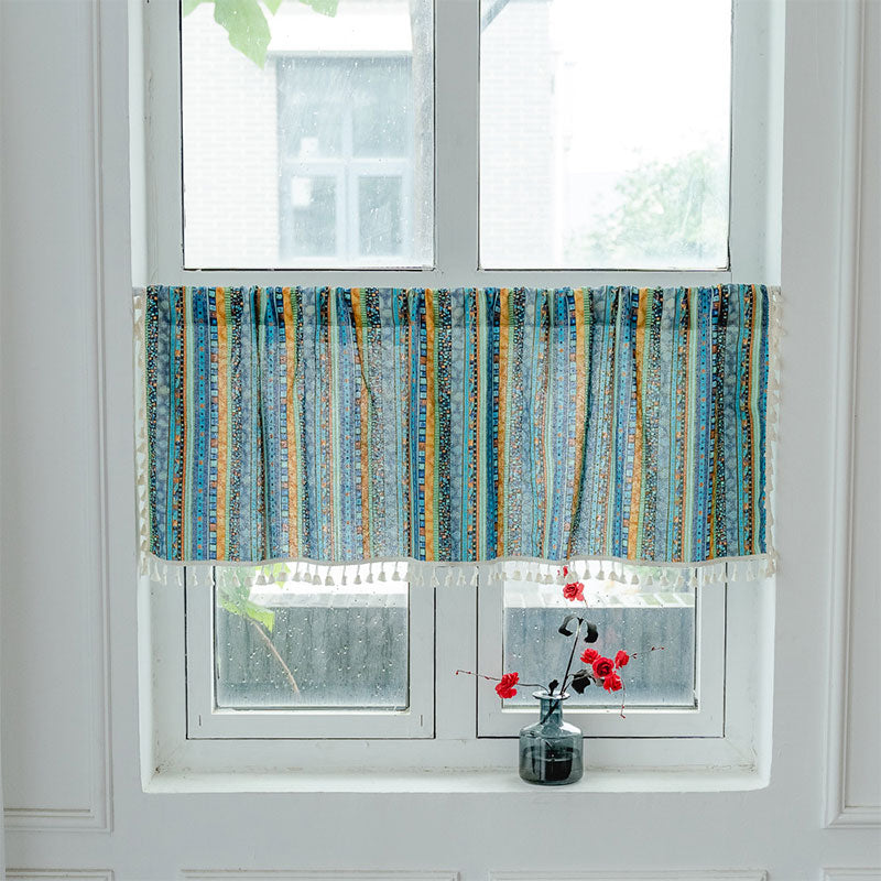 Vibrant Checkered Tassel Layered Curtain in Natural Fabric