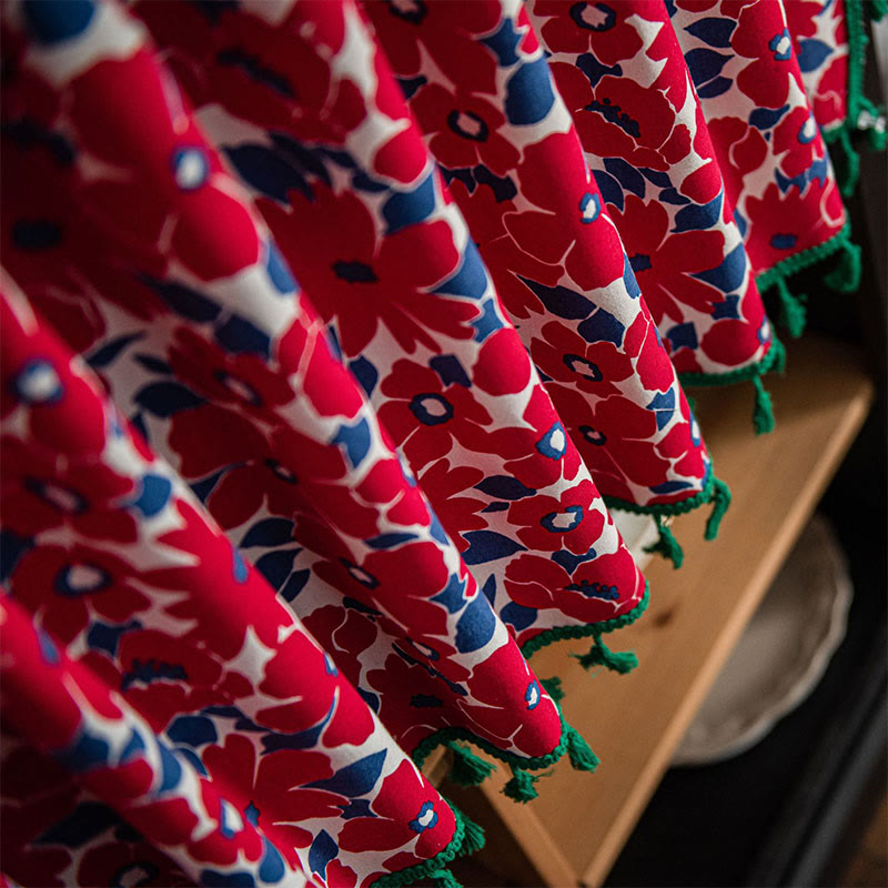 Beautiful Floral Cotton Curtain with Tassels