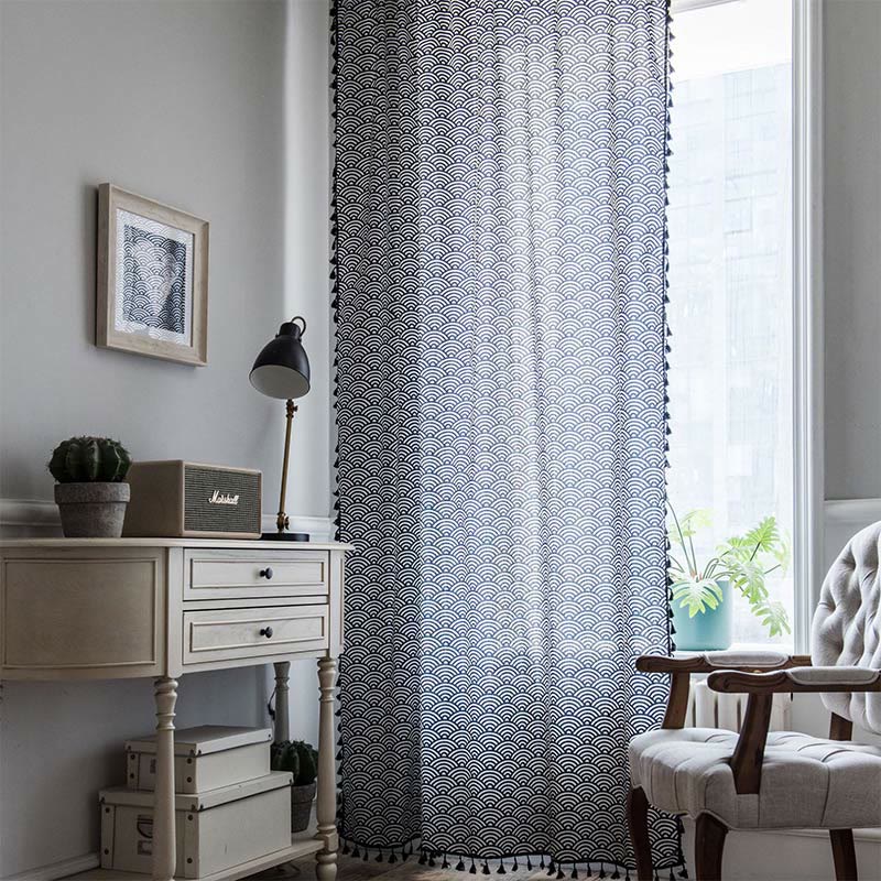 Navy Blue Textured Semi Blockout Curtain with Tassel Trim