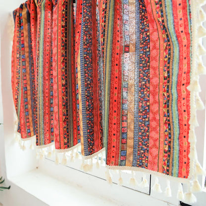 Vibrant Checkered Tassel Layered Curtain in Natural Fabric