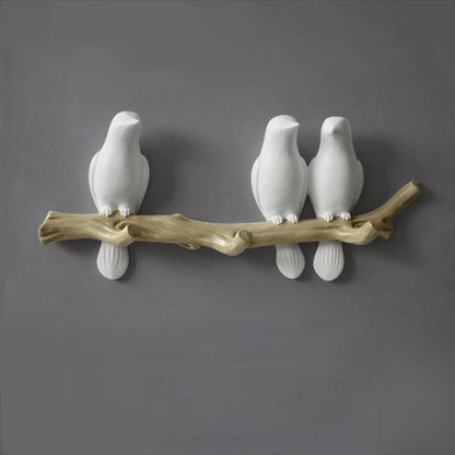 Rustic Tree Bird Wall Coat Rack In White Resin