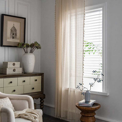 Sheer Off-White Window Tassel Curtain Panels