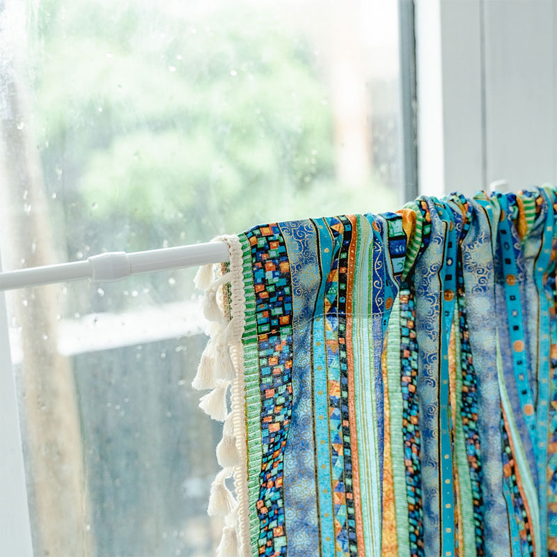 Vibrant Checkered Tassel Layered Curtain in Natural Fabric