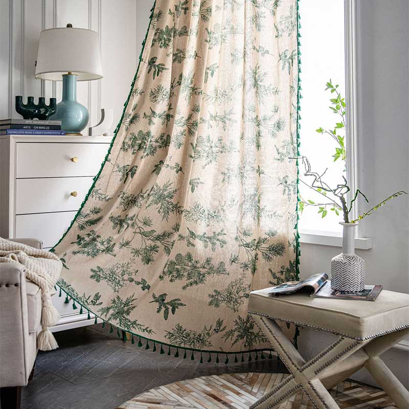 Natural Leaf Print Boho Tassel Curtain Cotton Drapes