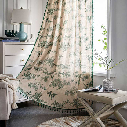 Natural Leaf Print Boho Tassel Curtain Cotton Drapes
