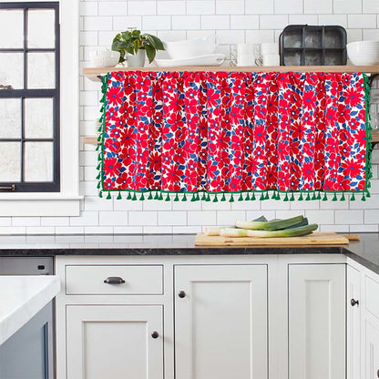 Red Flower Print Tassel Tier Curtain-6