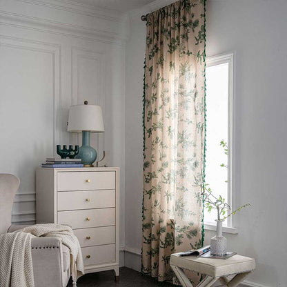 Natural Leaf Print Boho Tassel Curtain Cotton Drapes