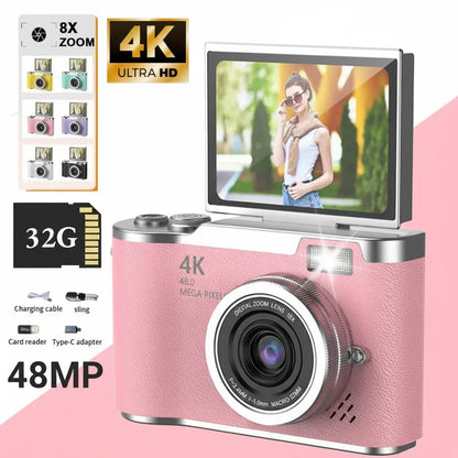 HD Compact Camera 4K 48MP 8X Zoom Flip Screen