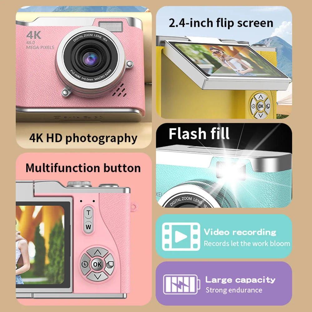 HD Compact Camera 4K 48MP 8X Zoom Flip Screen