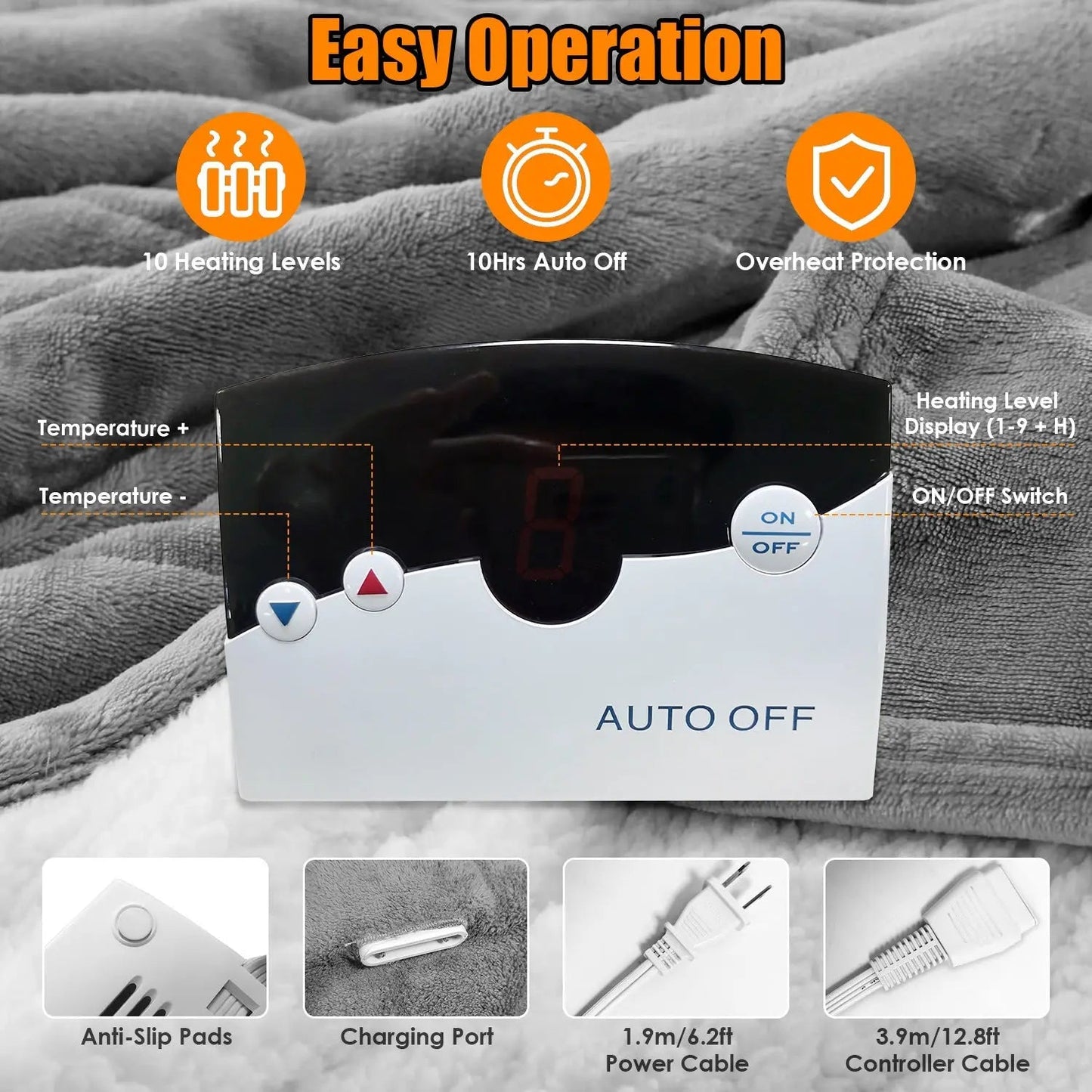 Control panel of a heating pad with features highlighted and a heating blanket in the background.