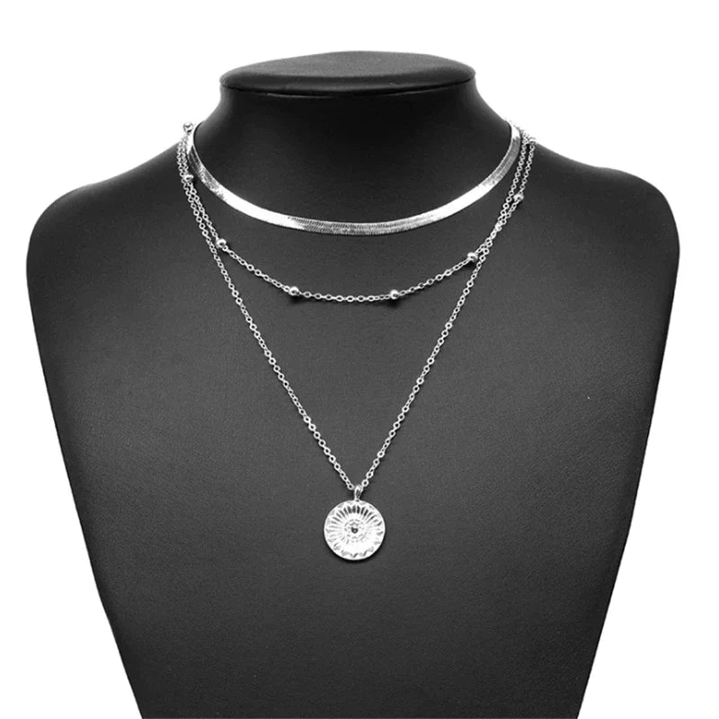 Triple Layered Sterling Silver Chain Necklace For Women