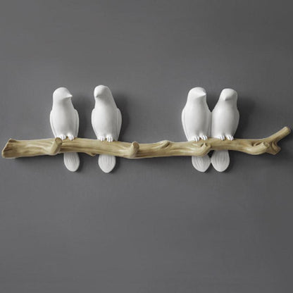 Rustic Tree Bird Wall Coat Rack In White Resin