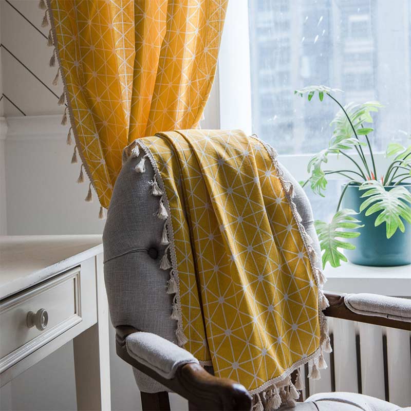 Bright Checked Sheer Drapes with Fringe