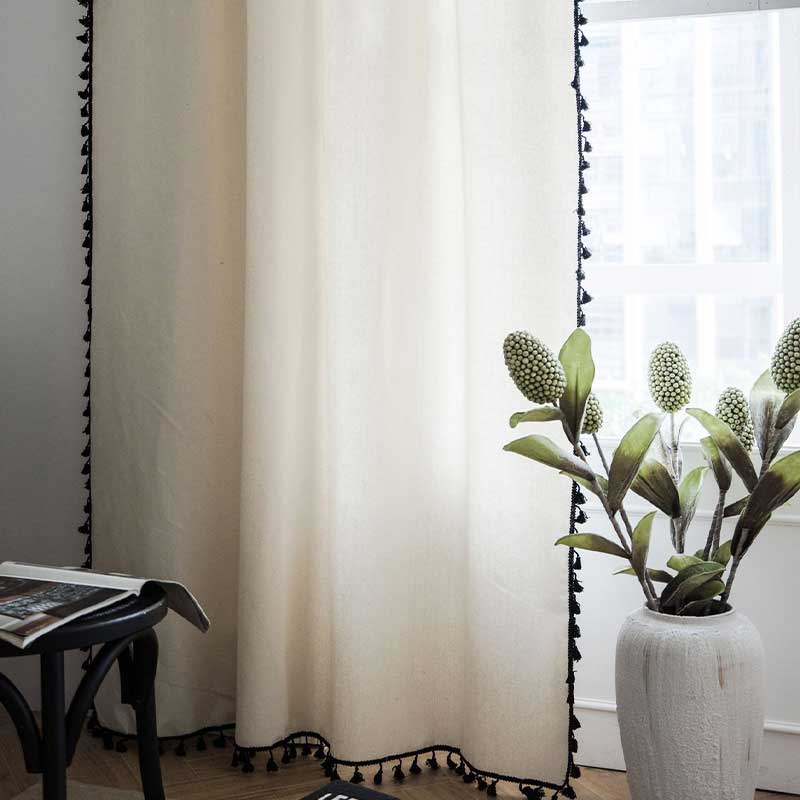 Natural Textured Beige Drapes with Black Trim