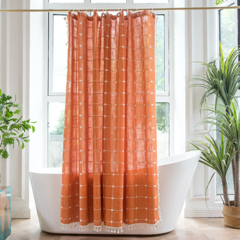 Plaid Cotton Linen Farmhouse Shower Curtain-2