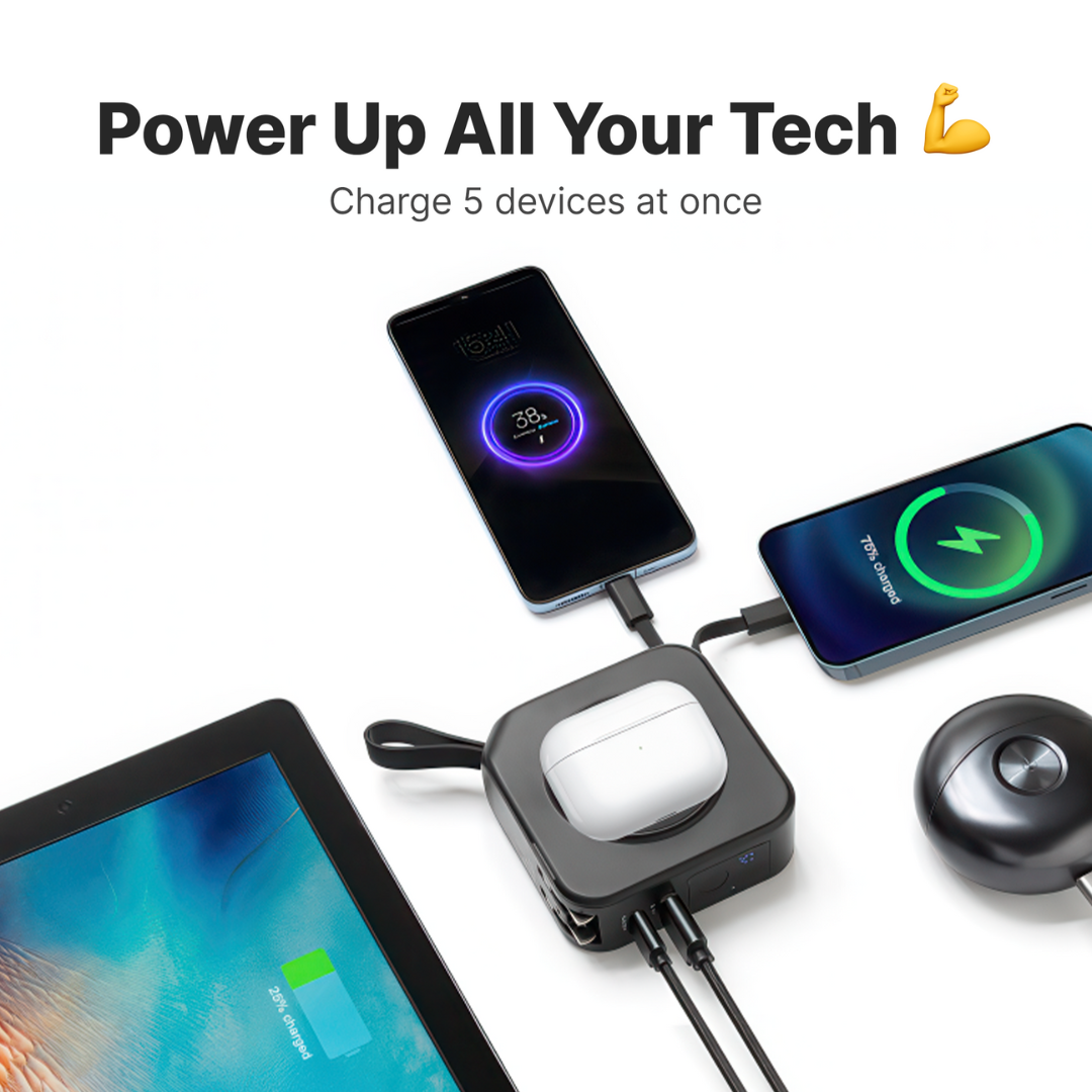 Compact 5 Port Travel Charger With Wireless Charging Pad