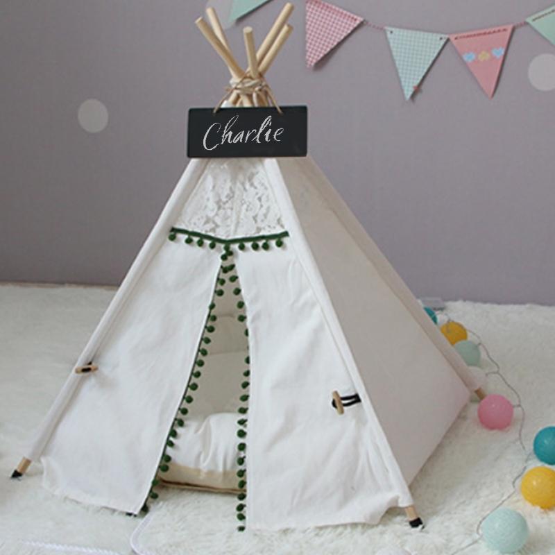Cozy Pet Teepee in Green and White with Pillow