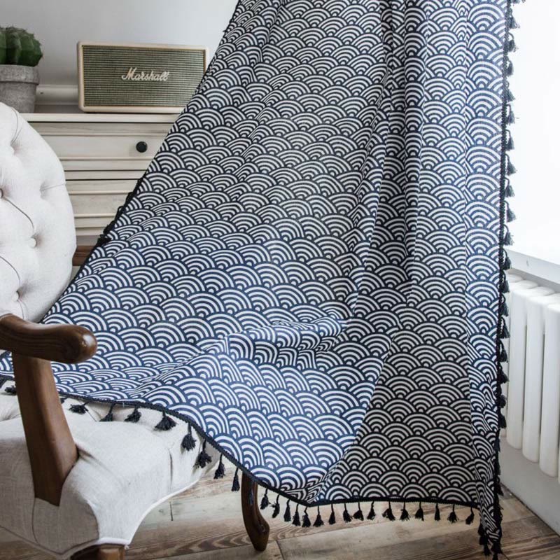 Navy Blue Textured Semi Blockout Curtain with Tassel Trim